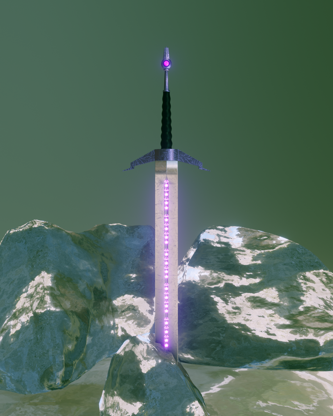 Mystical sword stuck in ice. CAn you pull it out? There is a pink gem glowing from the pummel, and flowers on the guard, and there are pink glowing smiley faces and flowers on the blade